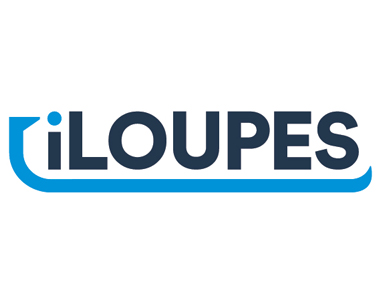 A blue and white logo of iloupes